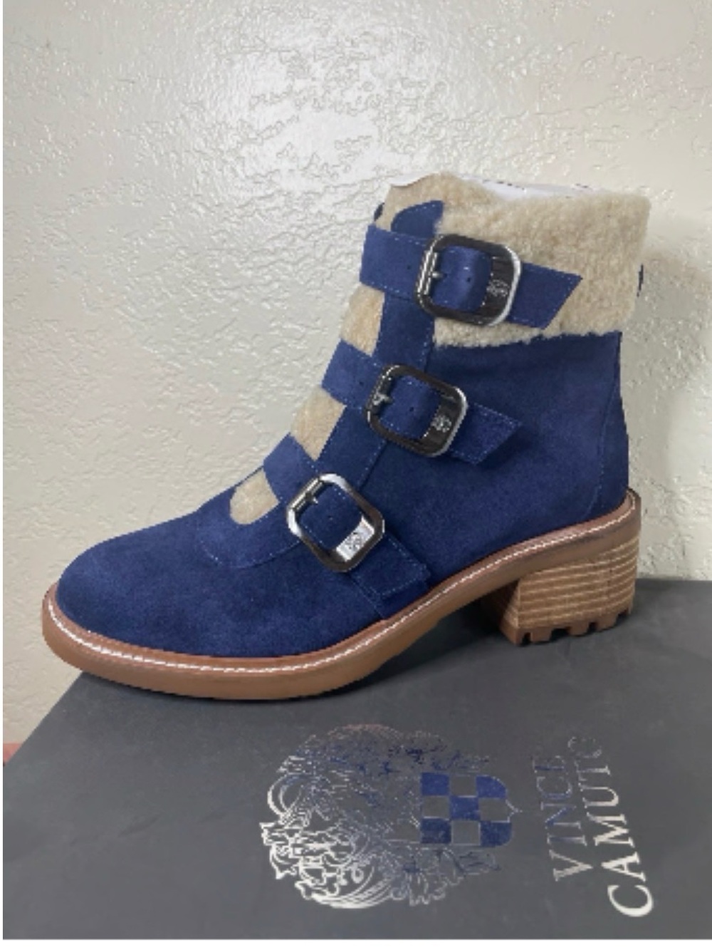 Vince Camuto Navy Suede Buckle Ankle Boot with Cream Shearling Collar